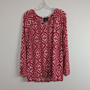 N.W.D Women's Geometric Print Peasant Blouse in Red and White - Extra Large
